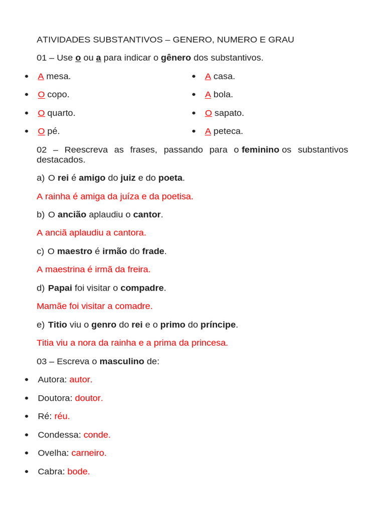 Atividades Substantivos Genero Numero Grau | PDF