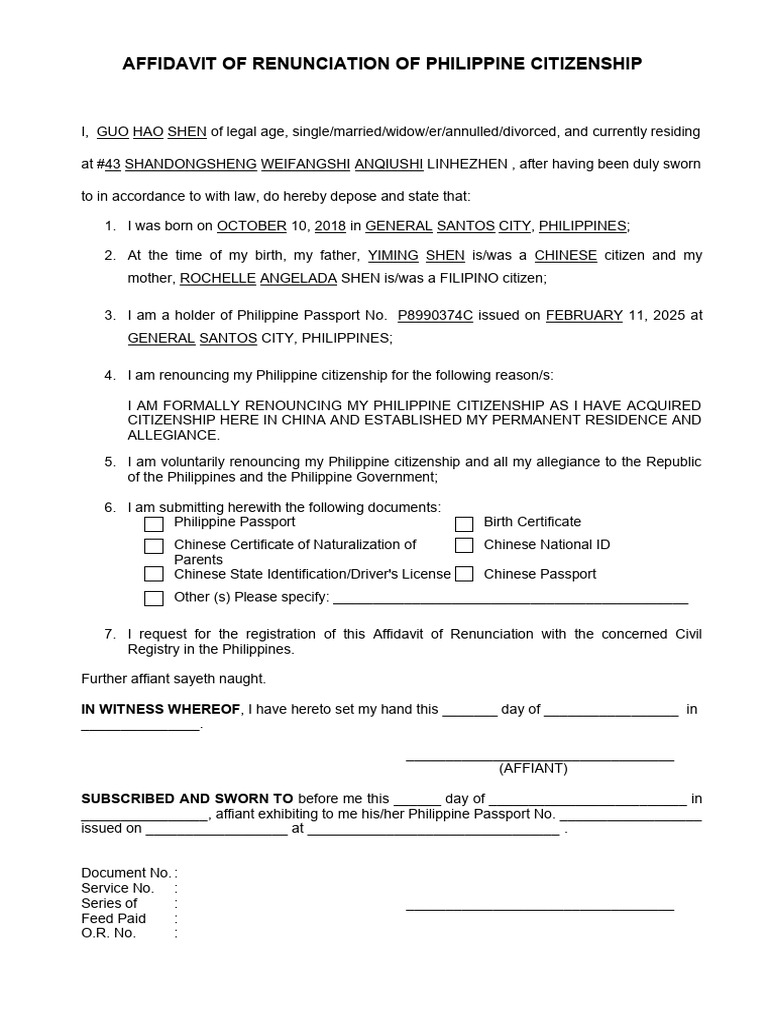 Affidavit of Renunciation of Philippine Citizenship Finl- Adult 3 | PDF