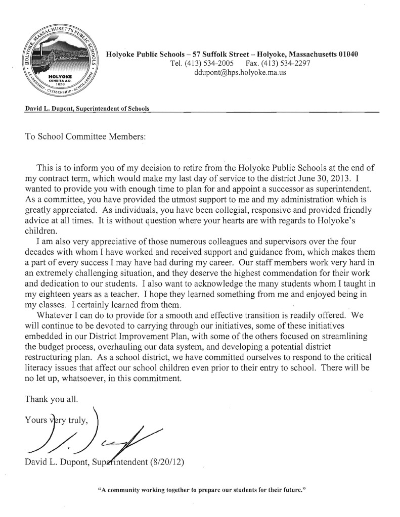 Holyoke Superintendent Of Schools David Dupont's Retirement Letter | Pdf