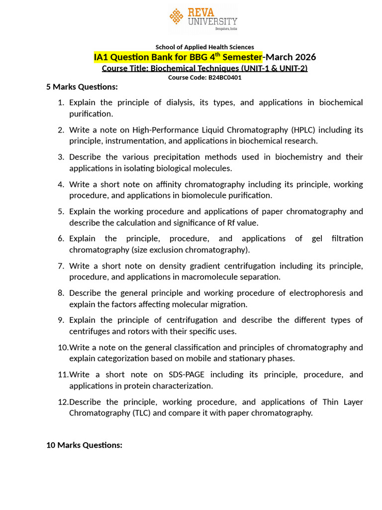 IA1 Question Bank-Biochemical Techniques-1 | PDF | Chromatography ...