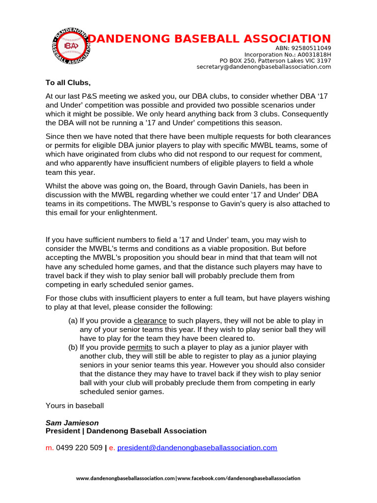 1-20260414 Letter to Clubs re U17 Competitions(1) | PDF