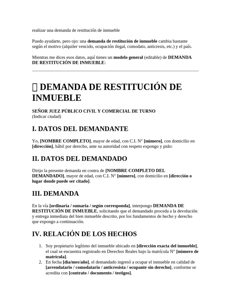 Realizar Una Demanda de Restitución de Inmueble | PDF | Demanda ...