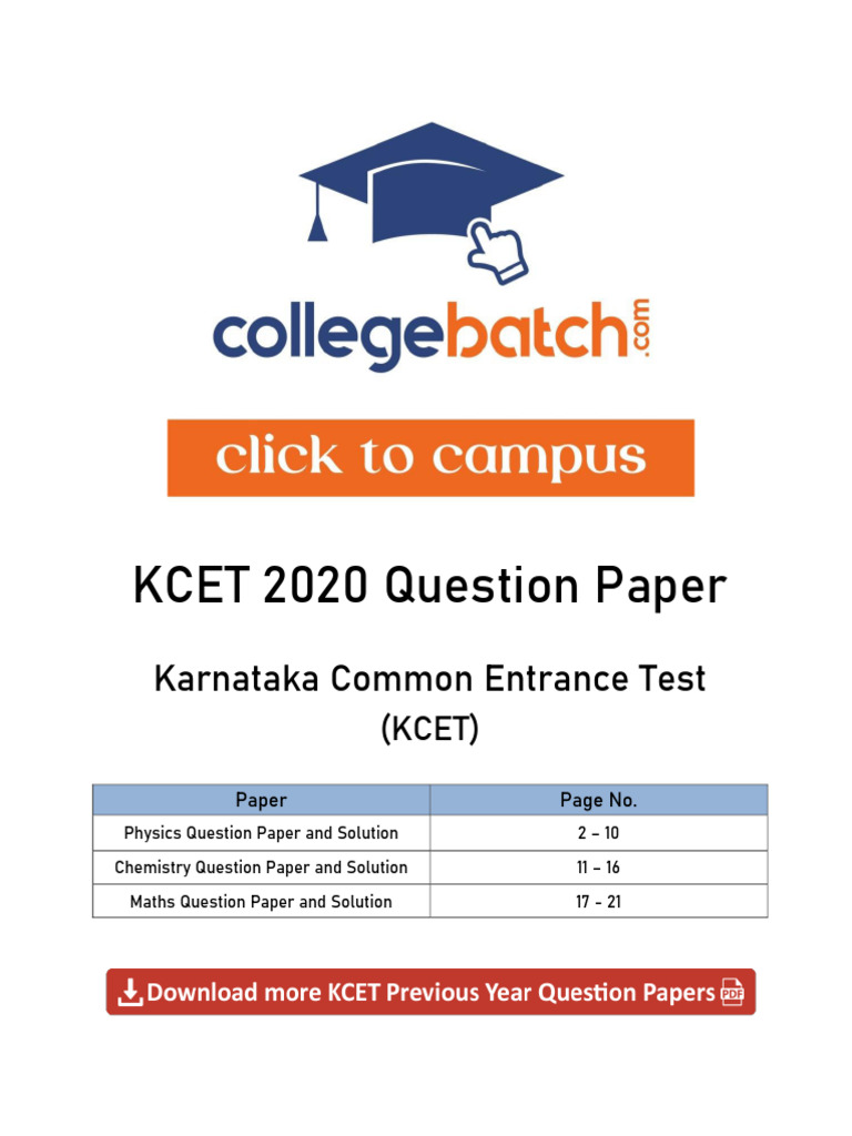 KCET 2020 Question Paper With Answer Key | PDF | Atomic Nucleus | Electron