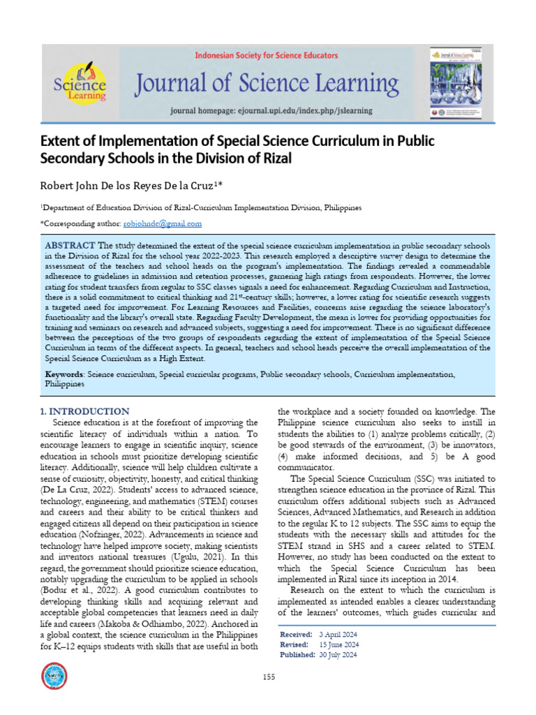 (2024) Extent of Implementation of Special Science Curriculum in Public ...