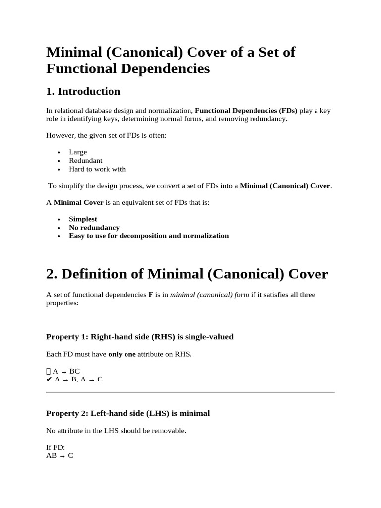 Minimal (Canonical) Cover of A Set of Functional Dependencies | PDF ...
