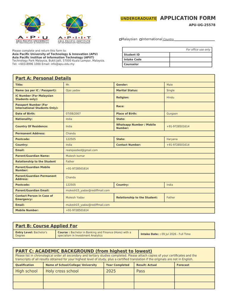 Application Form APU UG 25578 | PDF