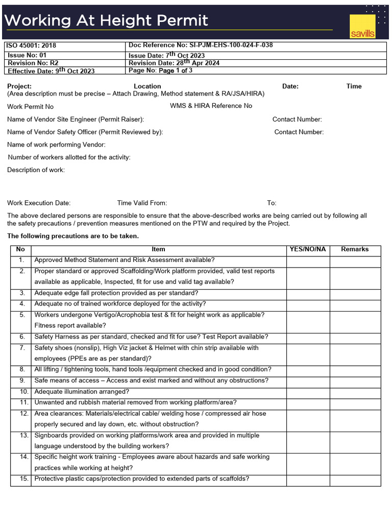 Working at Height Permit | PDF | Occupational Safety And Health | Safety
