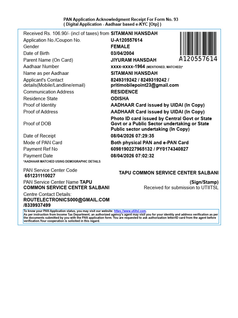 PAN Application Acknowledgment Receipt For Form No. 93 | PDF ...