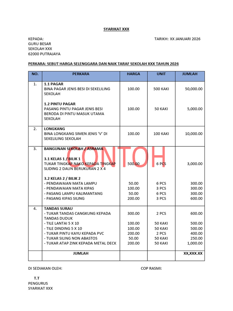Contoh Sebut Harga SNT 2026 | PDF