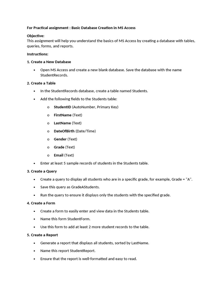 Practical Assignment Basic Database Creation in MS Access | PDF