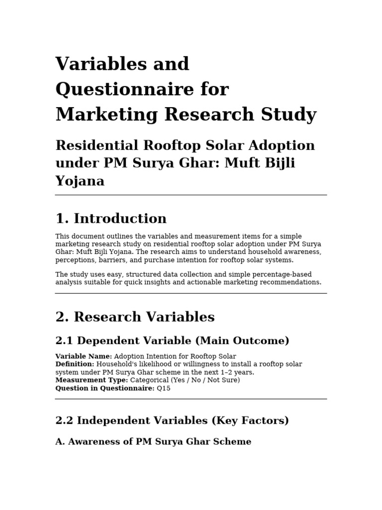 PM Surya Ghar Research Variables & Questionnaire | PDF | Questionnaire ...