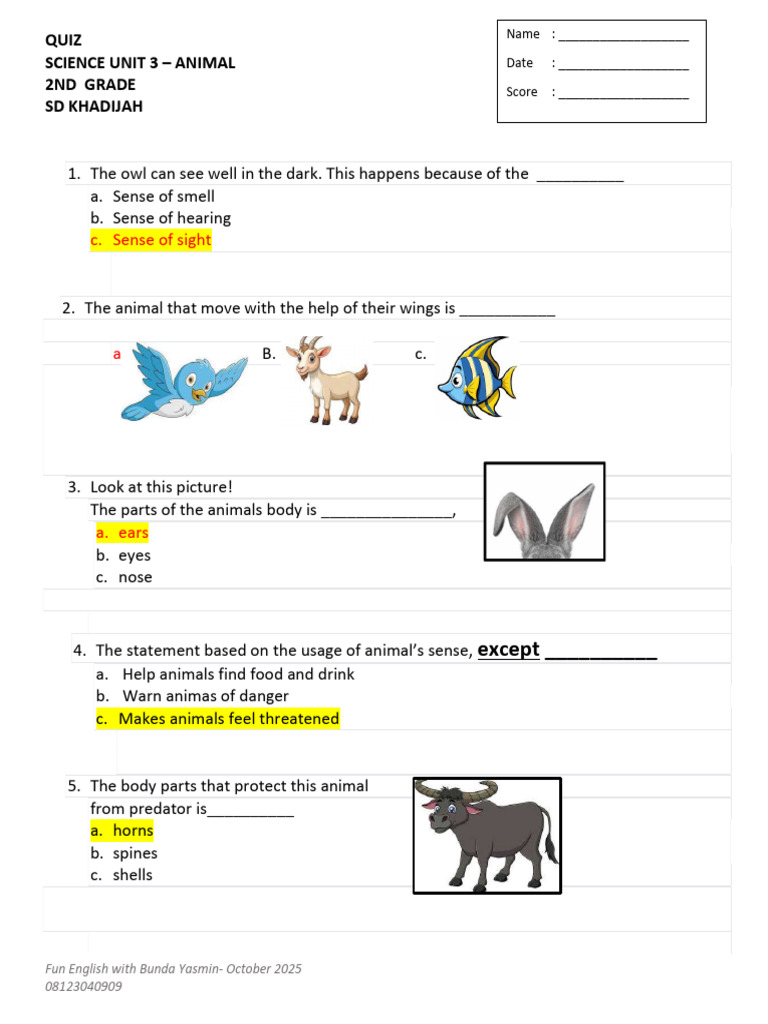 Key - Science Chapter 3 Animal 2nd Grade - Khadijah | PDF | Zoology