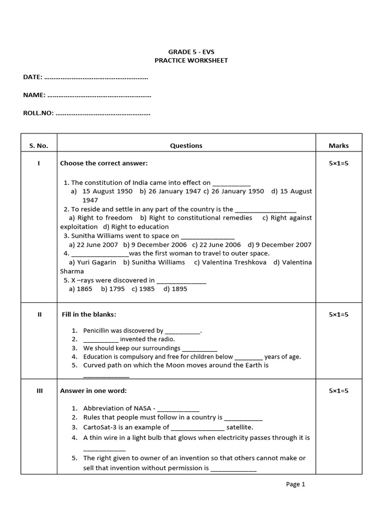 Grade 5 EVS _PT 4_PRACTICE WORKSHEET | PDF | Astronomy | Outer Space