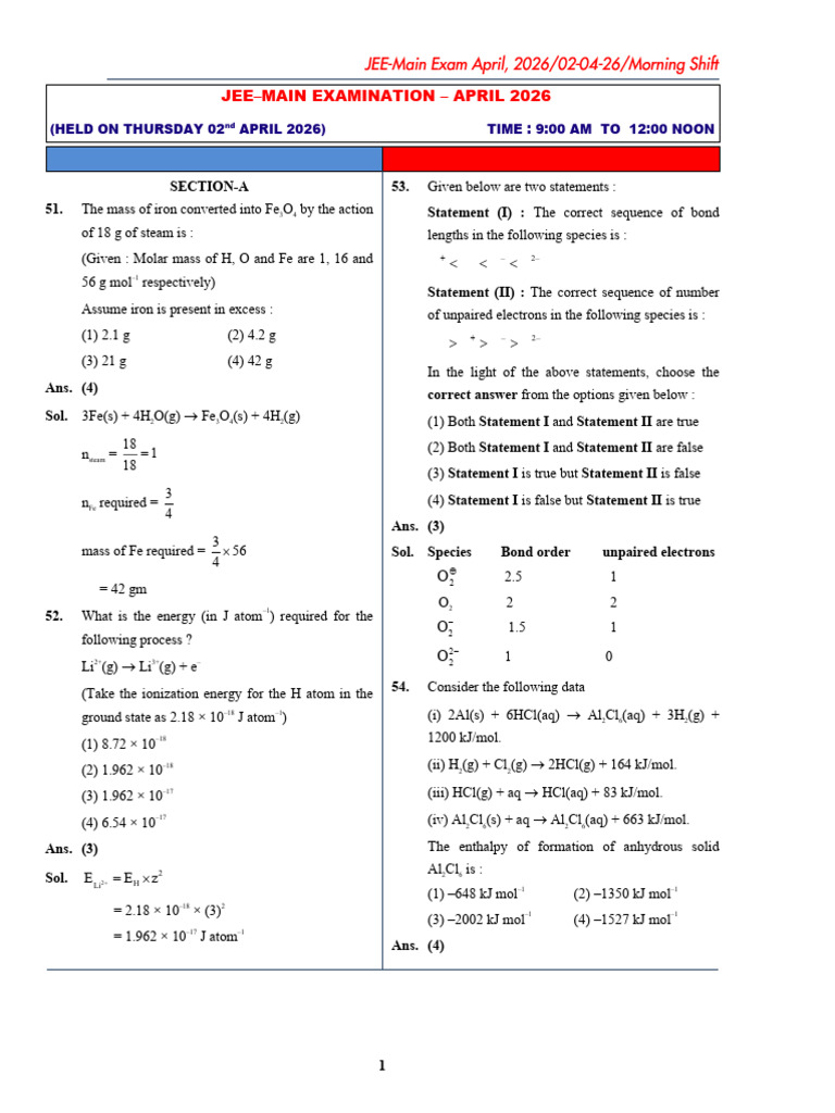 Chemistry JEE Mains 2026 APRIL Single pdf | PDF | Chemistry | Chemical ...