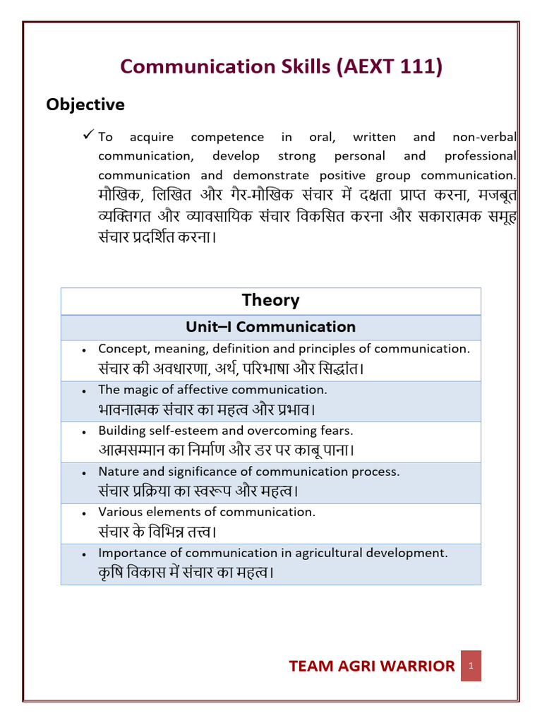 AEXT 111 Communication Skills Unit 1 1st Year 1st Sem | PDF