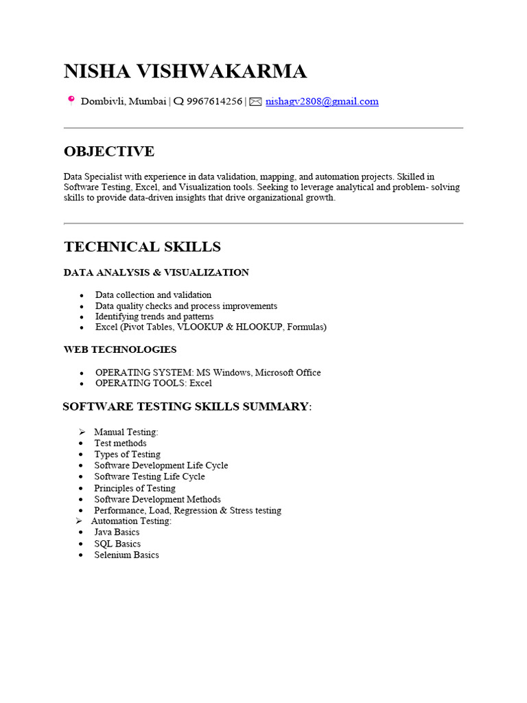 Nisha Vishwakarma Resume | PDF | Software Testing | Geographic ...