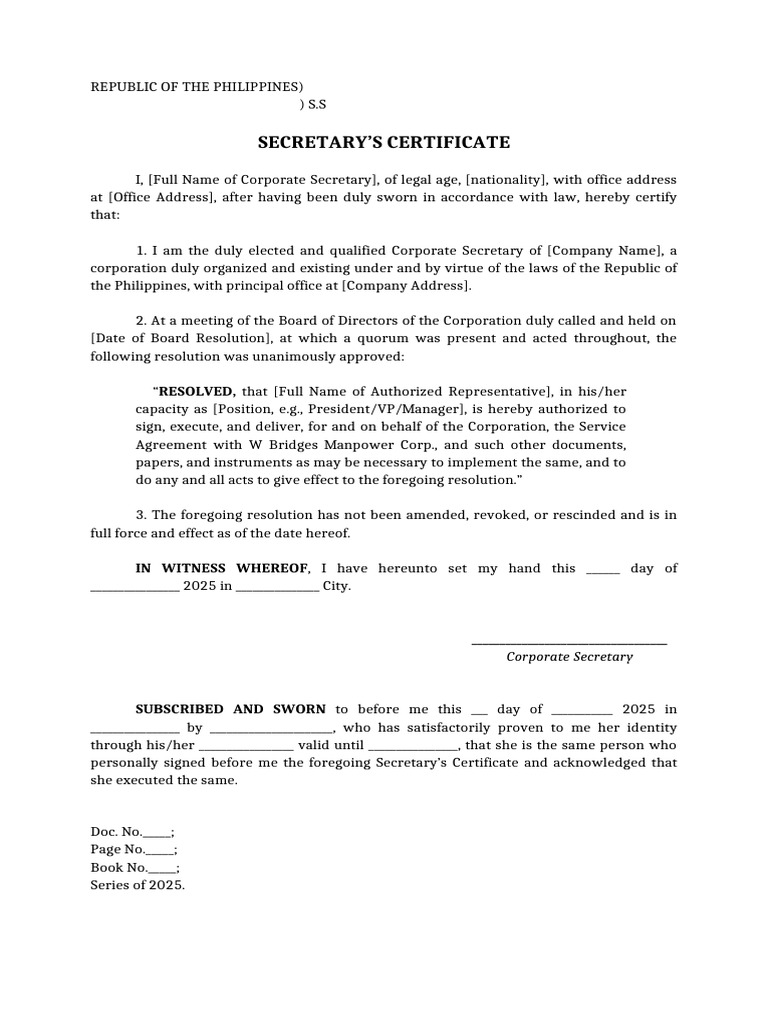 Secretarys Certificate Template Client | PDF