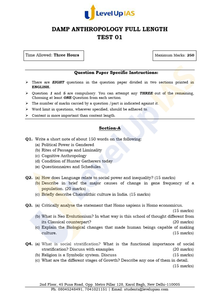 DAMP Anthropology Full Length Test 01 Question Paper | PDF | Biology ...