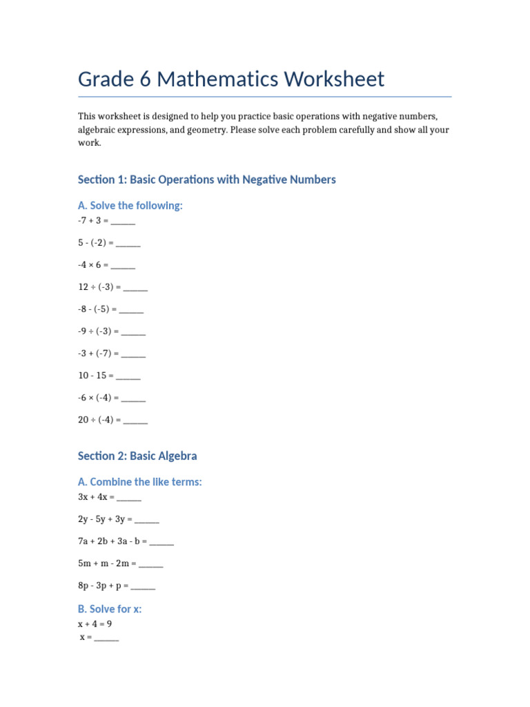 Grade 6 Mathematics Worksheet | PDF