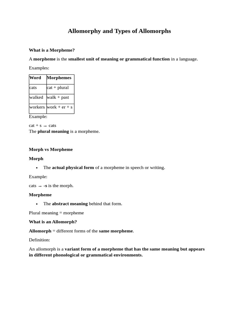 Allomorphy and Types of Allomorphs | PDF | Morphology (Linguistics) | Word