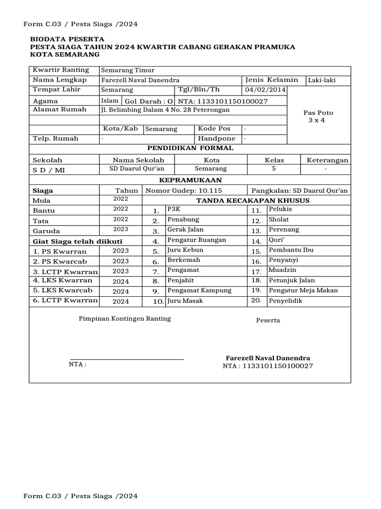 Form.c.03 Biodata Peserta | PDF