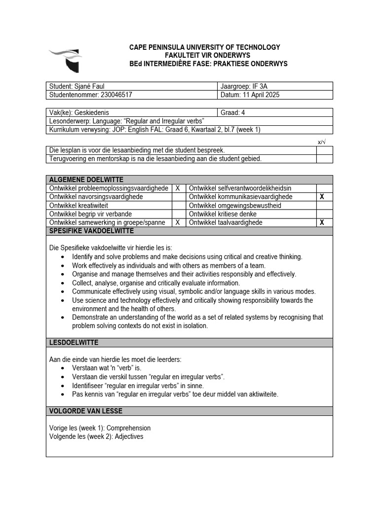 CPUT English Lesson Plan - Prefix, Suffix | PDF