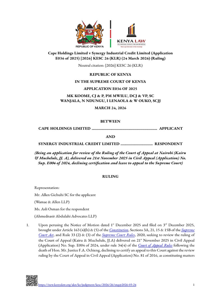 Cape Holdings Limited v Synergy Industrial Credit Limited (Application ...
