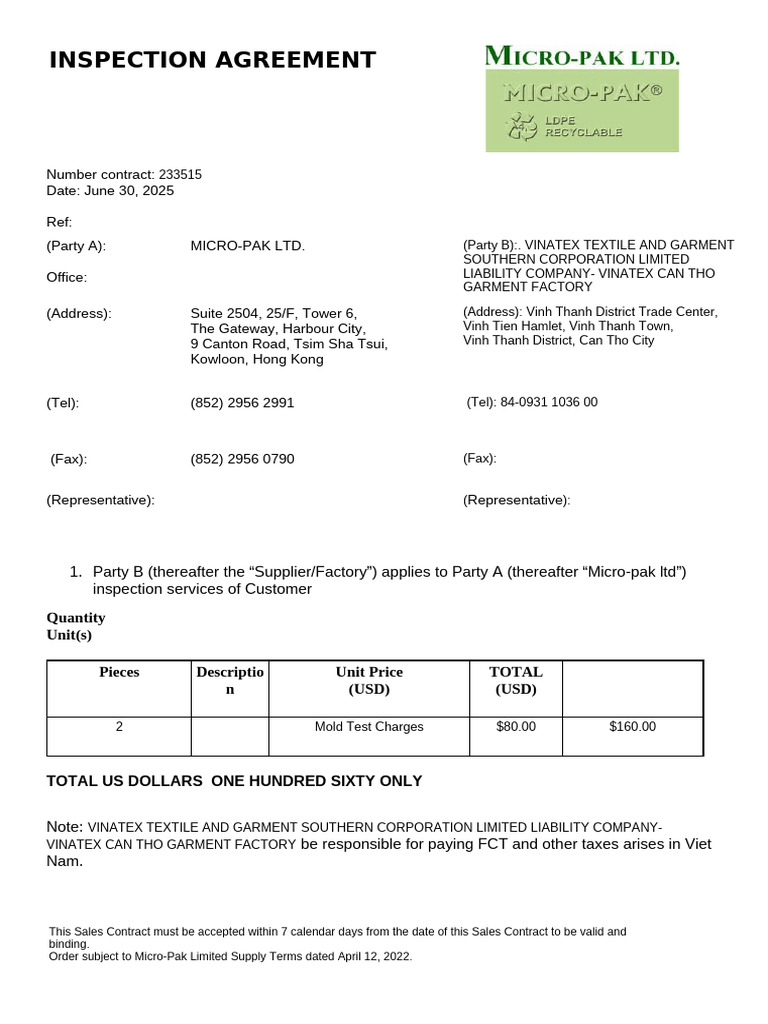 Inspection Agreement Template (Eng) | PDF | Fee | Overtime