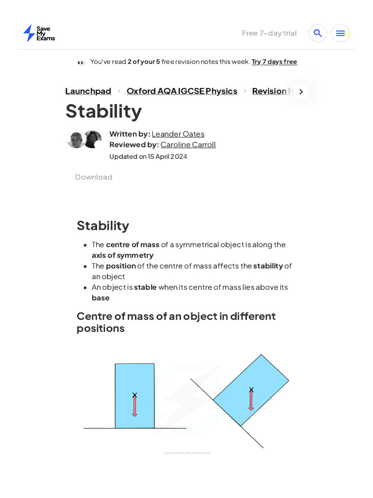 Stability _ Oxford AQA IGCSE Physics Revision Notes 2016 | PDF | Center ...
