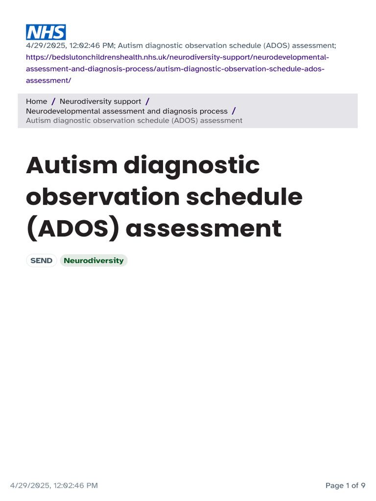 Autism Diagnostic Observation Schedule (ADOS) Assessment | PDF | Autism ...