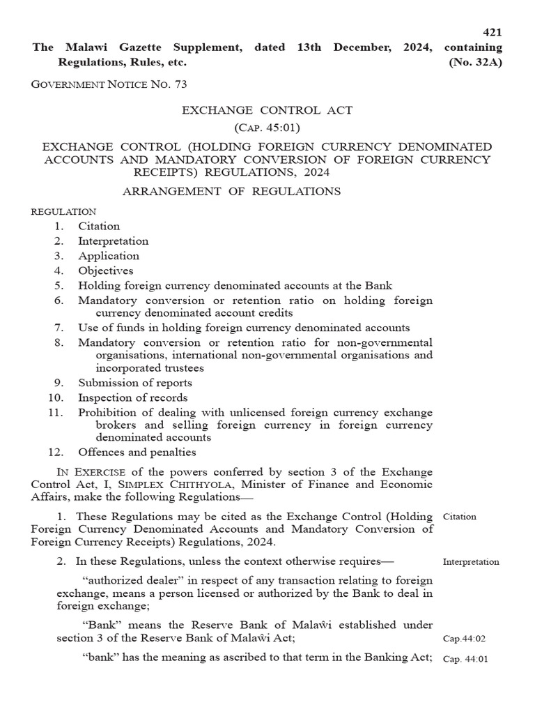 Exchange Control (Holding Foreign Currency Denominated Accounts and ...