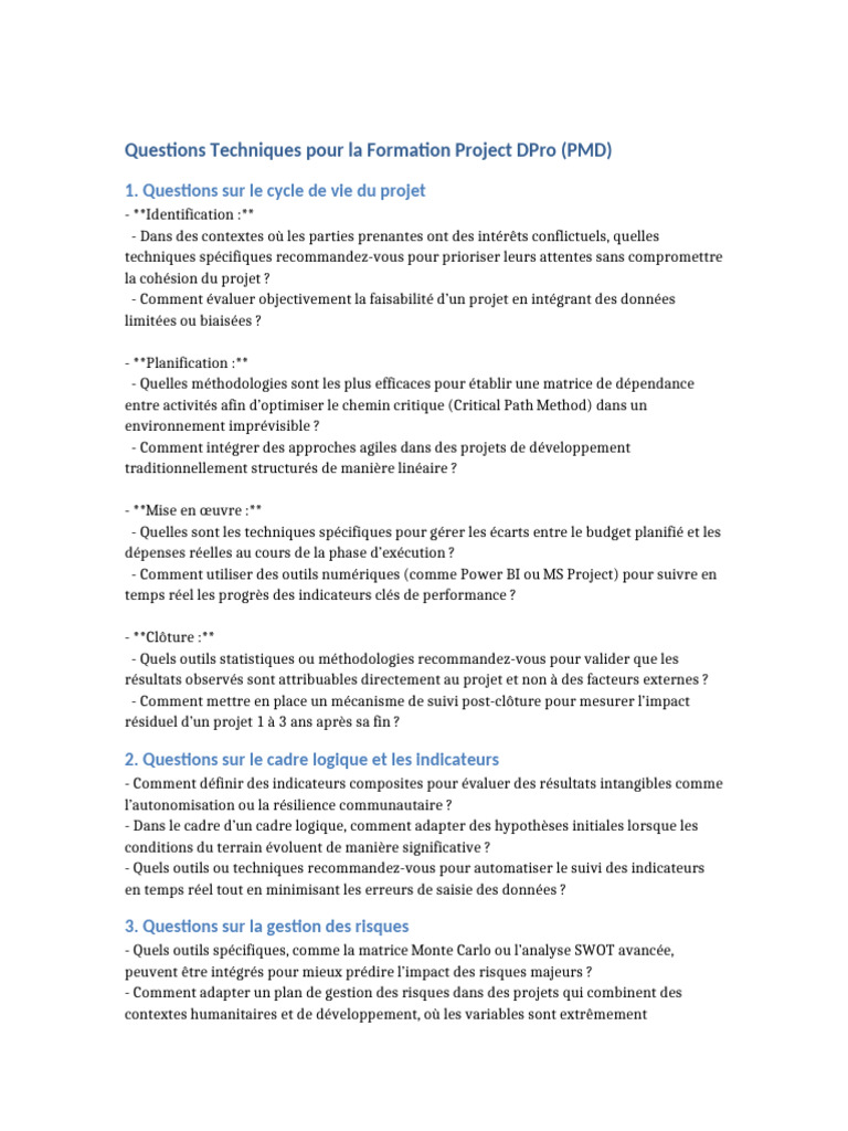 Questions Techniques Project DPro | PDF | Gestion des risques | Risque