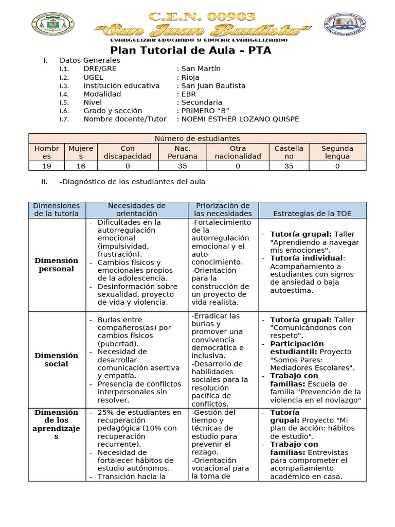 1ºbplan Tutoria de Aula | PDF | Autorregulación emocional | Las emociones