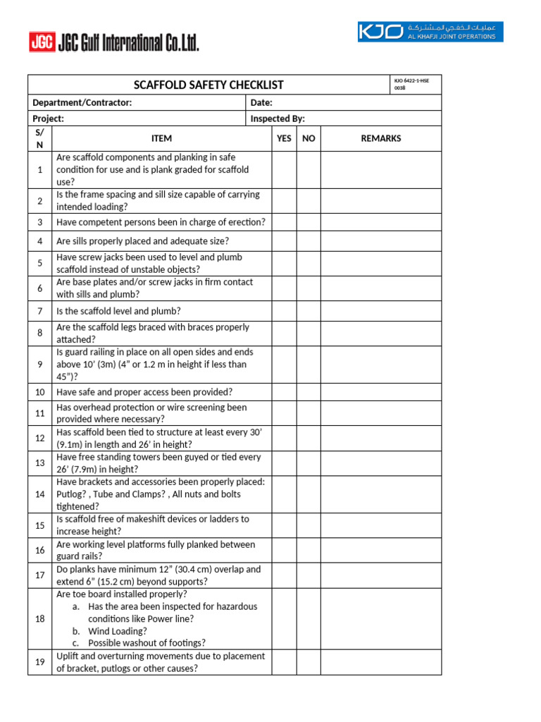 KJO Forms-0038 - Stationary Tower Scaffold Safety Checklist | PDF