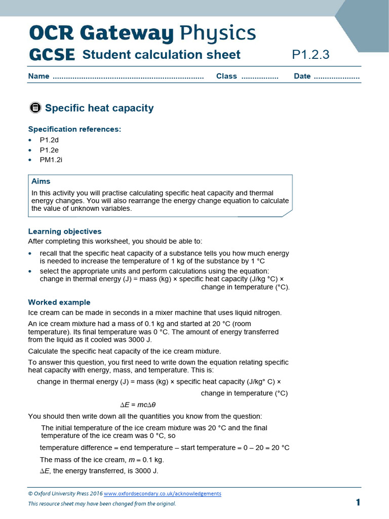 P 1.2.3 Specific Heat Capacity Worksheet | PDF | Heat Capacity | Heat