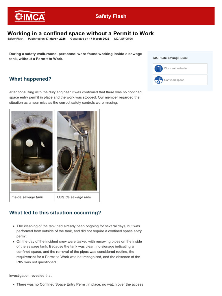 Working in a confined space without a Permit to Work .cleaned | PDF ...