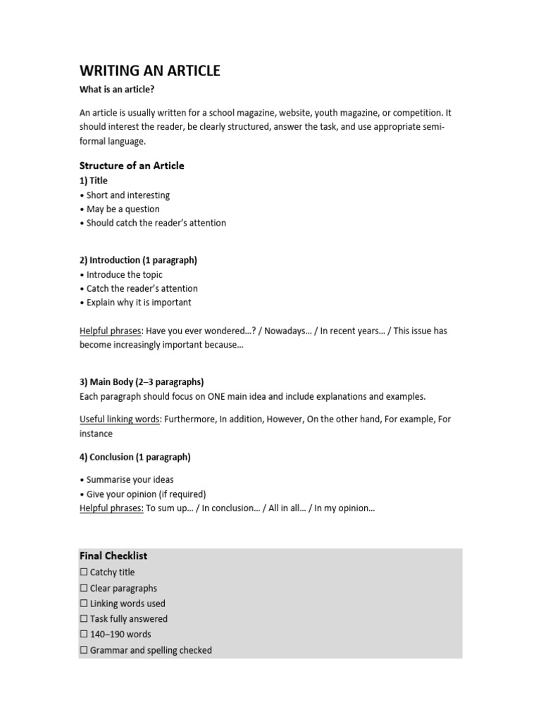 B2 Article Writing Worksheet and Model | PDF | Adolescence ...