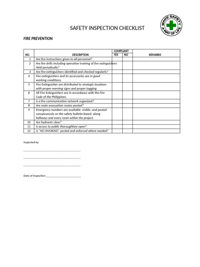 CHECKLIST Fire Prevention | PDF