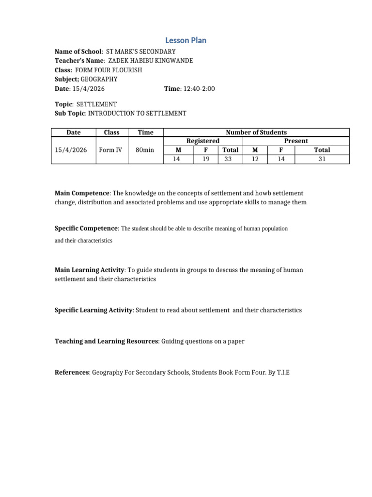Lesson Plan Form 4 A | PDF | Lesson Plan | Education Theory