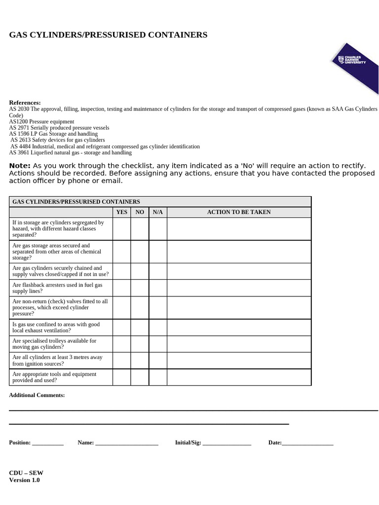 Gas Cylinders Inspection Checklist Cdu 2018 1 | PDF
