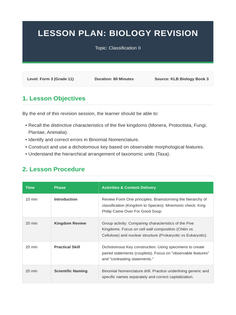 Classification II Revision Lesson Plan | PDF | Cell (Biology) | Eukaryotes