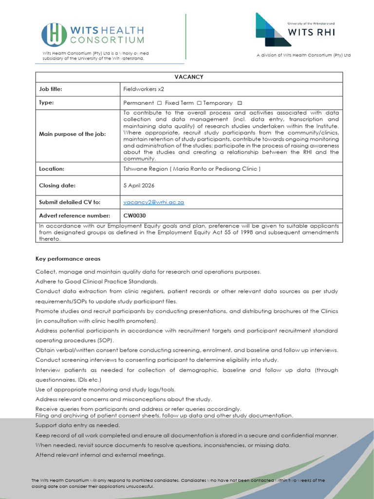 Fieldworkers - Wits RHI - March 2026 | PDF