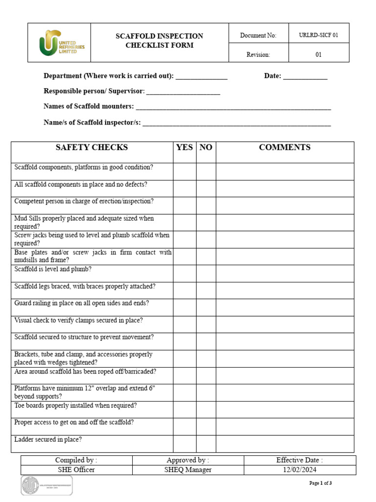 Urlrd-ssic01 Scaffolding Safety Inspection Checklist . | PDF | Scaffolding