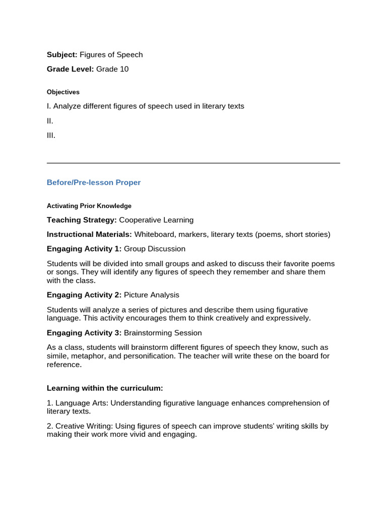 Lesson Plan Figures of Speech | PDF | Metaphor | Communication