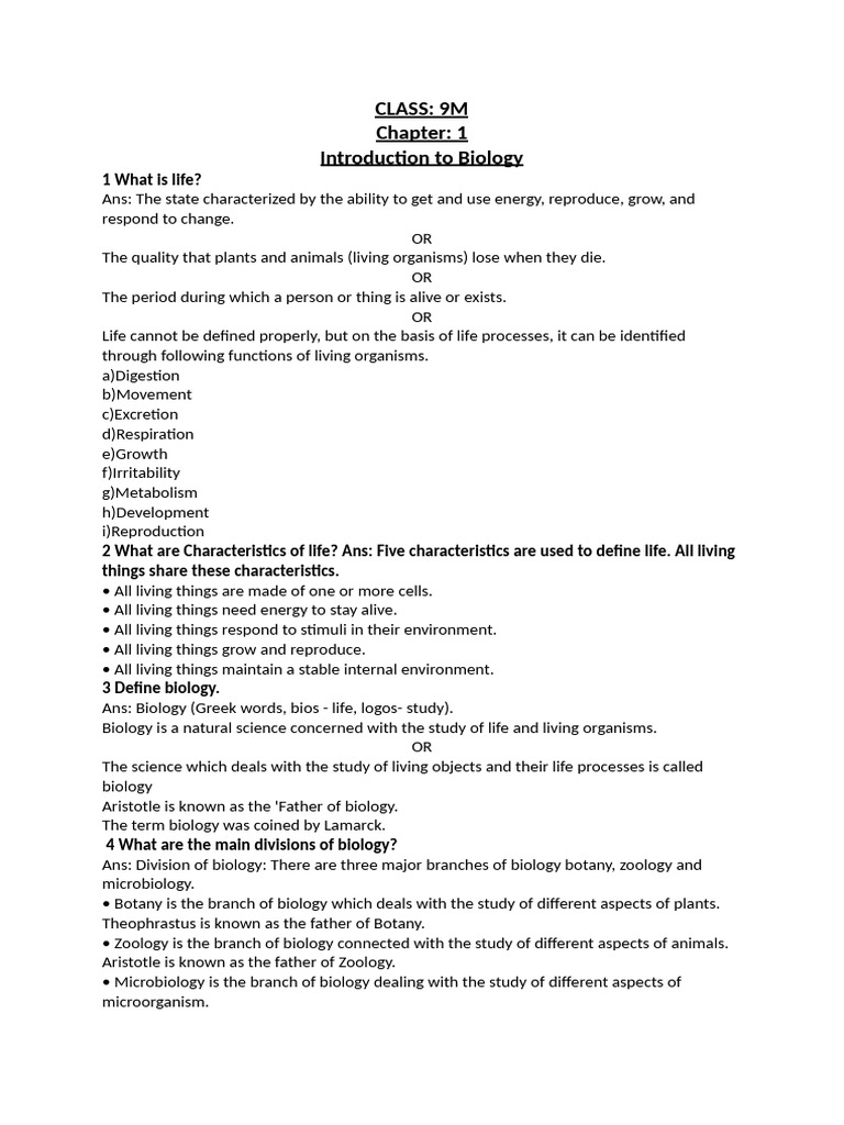 Class 9M Biology Notes Chapter 1 and 2 | PDF | Hypothesis | Cell (Biology)