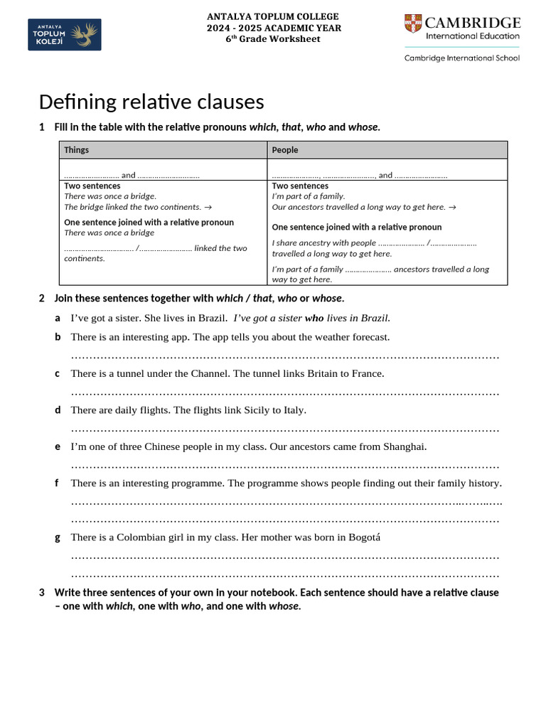 Ekaterina ENG Grade 6 X15 Worksheet Defining Relative Clauses U1 1 ...