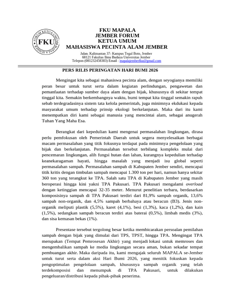 Pers Rilis Fku, Harbum 2026 | PDF