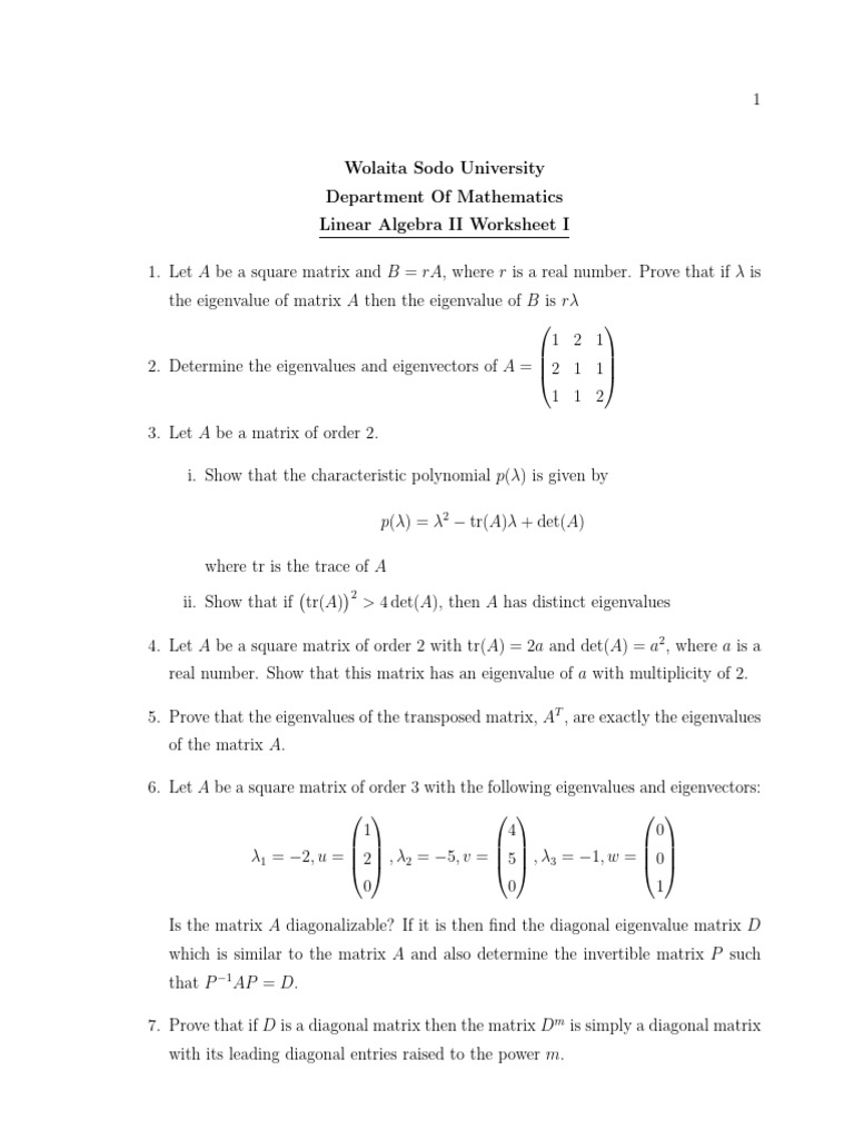 Linear Algebra II Worksheet I | PDF | Eigenvalues And Eigenvectors ...