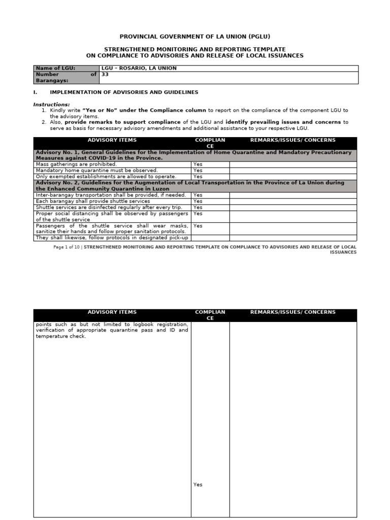 Rosario Covid Advisory No. 6 a Attachment 1 Strengthened Monitoring and ...