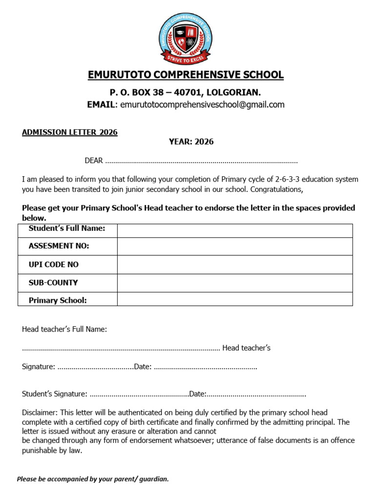 2026 Updated Emurutoto Jss Admission Form | PDF | Sweater | Clothing